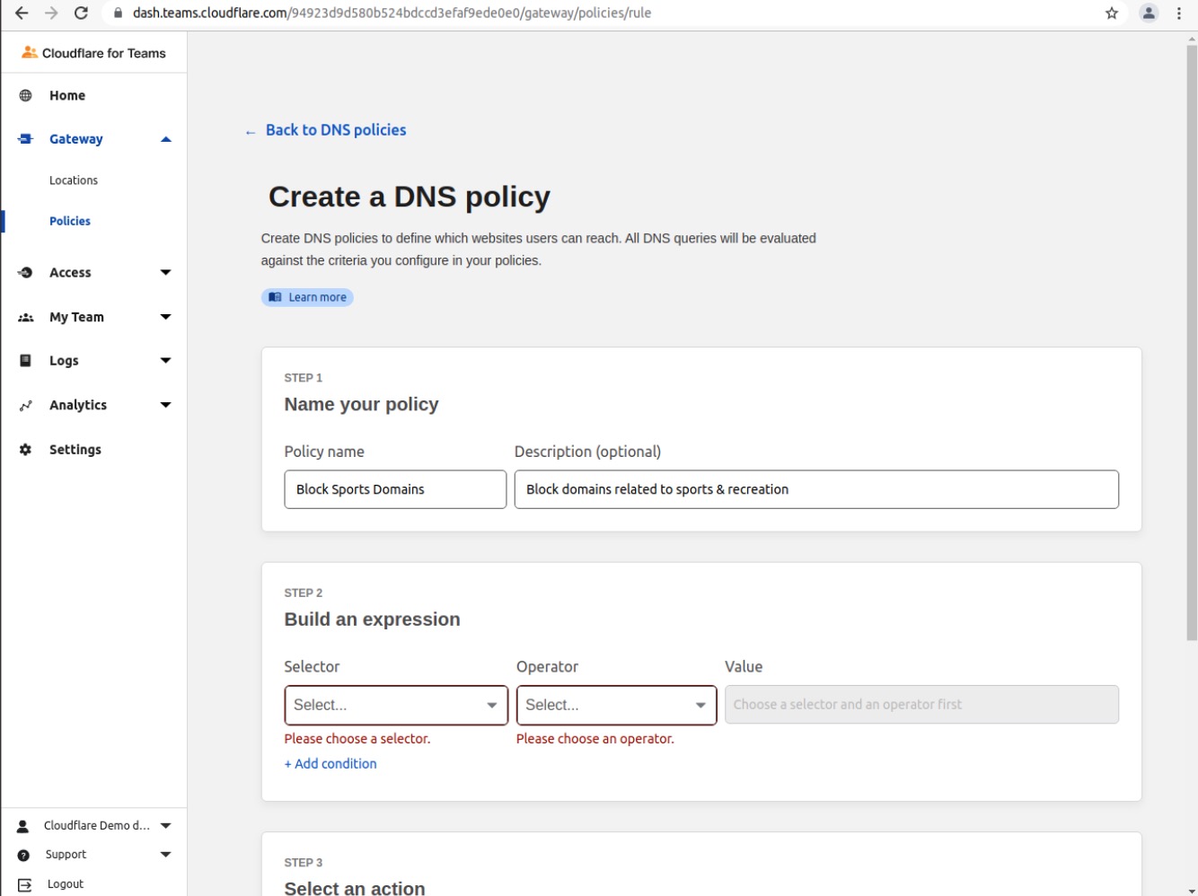 Gateway DNS Policy - Sports - Step 03