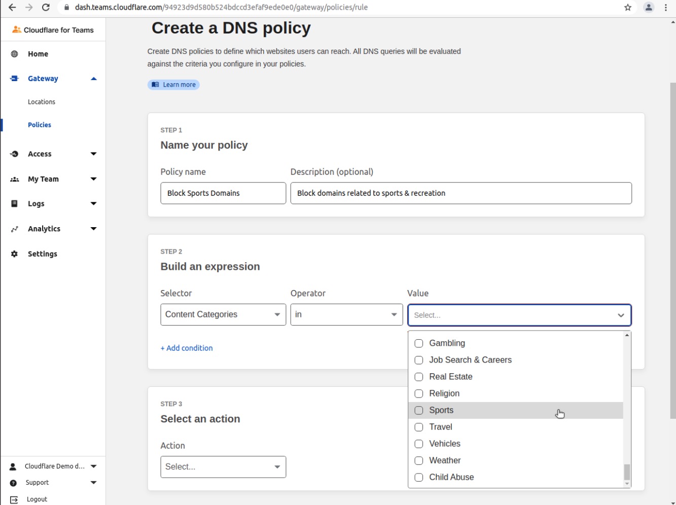 Gateway DNS Policy - Sports - Step 06