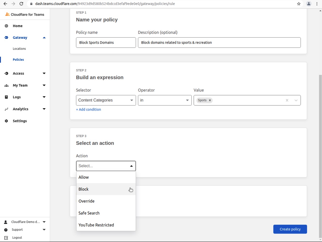 Gateway DNS Policy - Sports - Step 07