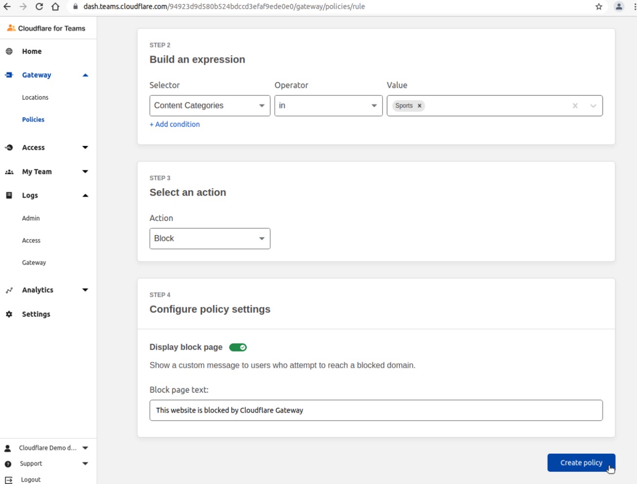 Gateway DNS Policy - Sports - Step 09